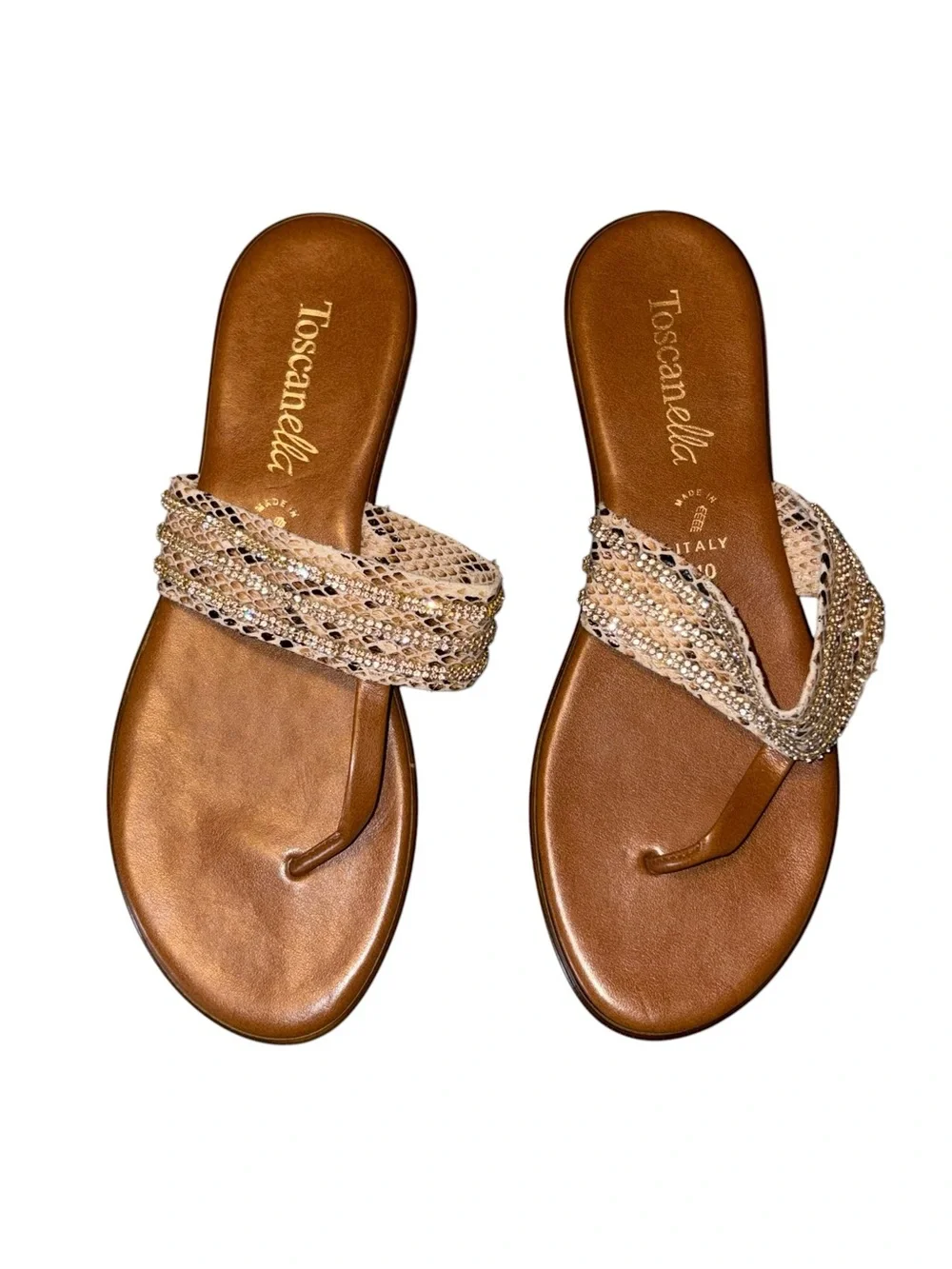 Toscanella Brown Leather Snakeskin Rhinestone Thong Sandals Sz 10 Made in Italy